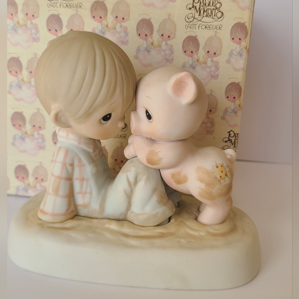 Vintage Precious Moments In It Together Boy Pig Porcelain Collectible Figurine